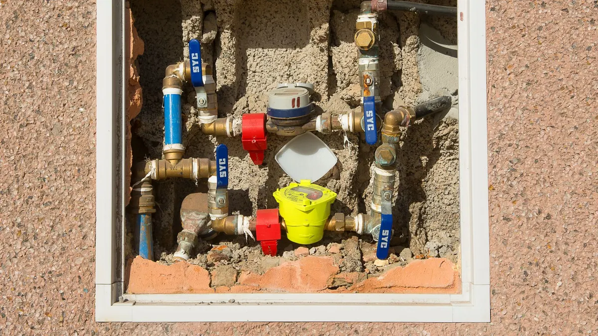 Detailed view of a complex water meter setup embedded in a concrete wall.