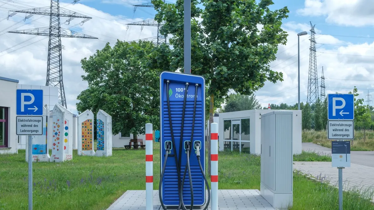 Public charging station with eco-friendly design for electric vehicles.