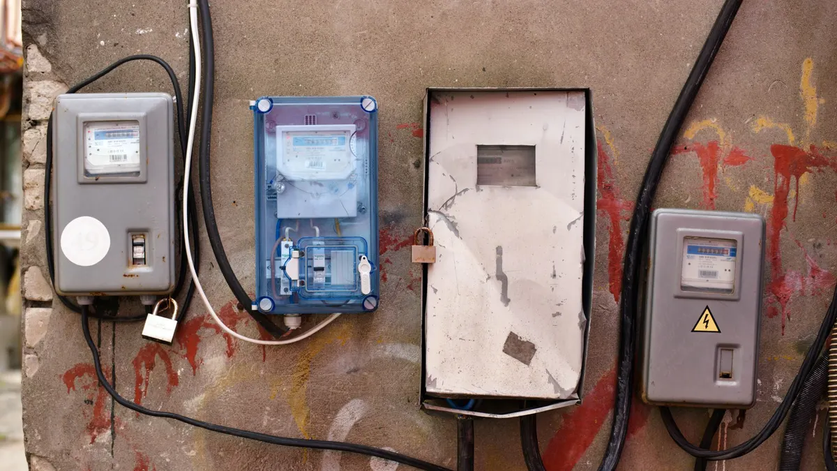 Electrical meters attached to a graffiti-covered wall showcasing utility infrastructure.