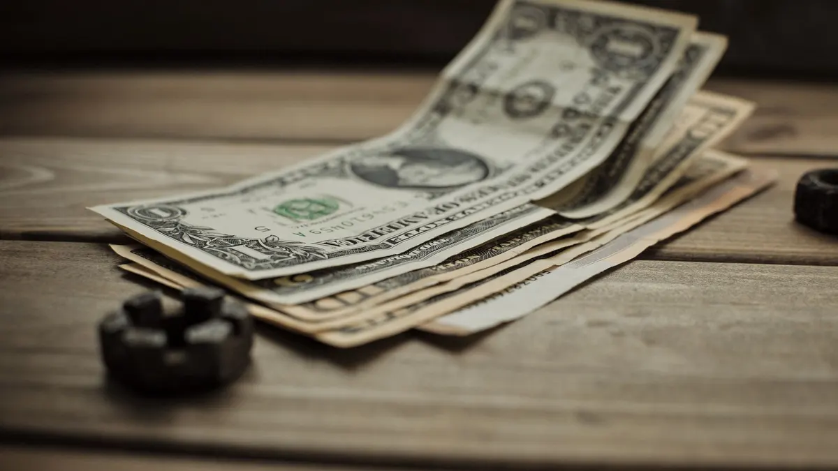 Close-up of US dollar bills on a wooden table, representing finance and commerce.